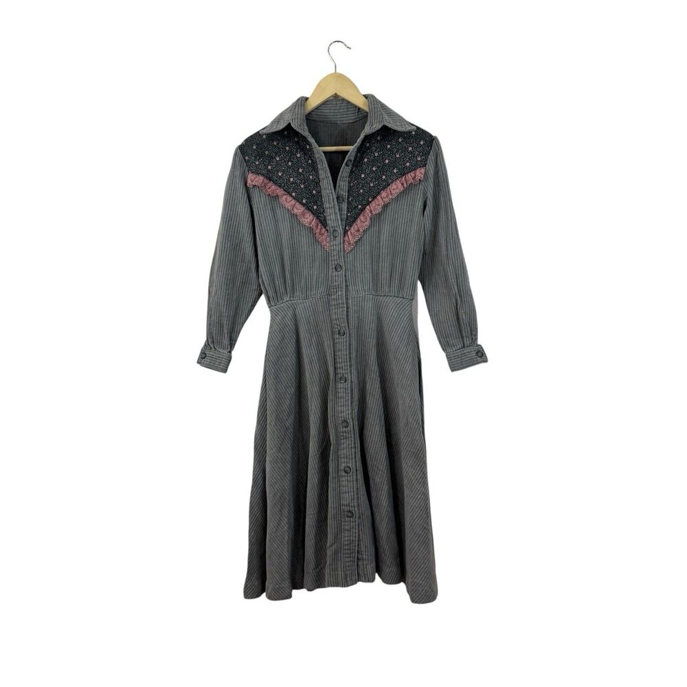 Vintage Western Midi Dress Medium Button Front Gray Cowgirl Handmade Womens READ